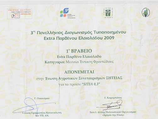 2009 1ο βραβείο στο διαγωνισμό του Πολιτιστικού Οργανισμού «ΟΙ ΔΡΟΜΟΙ ΤΗΣ ΕΛΙΑΣ» στην Αθήνα.
